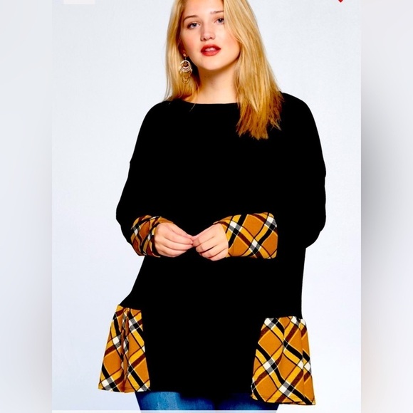 Blu Trends Tops - Ms. Diva Plus Tartan Black Top w/Gold Plaid Argyle